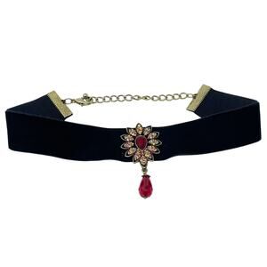 Vintage Y2K Women's Black Velvet Choker Necklace Gold Tone Red Jewel Charm 14"